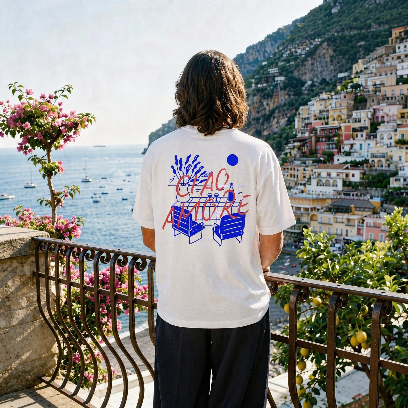 T-shirt blanc imprimé au dos « Ciao Amore » pour une marque de vêtements